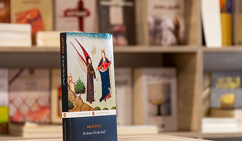 Close up Aristotle's De Anima (On the Soul) book in the bookshop.