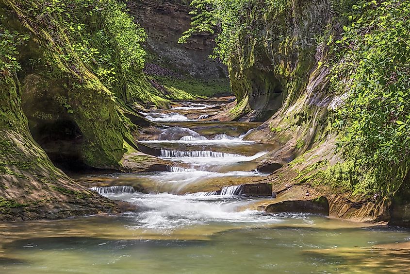 Water cascading at Fall Creek Gorge in Indiana.