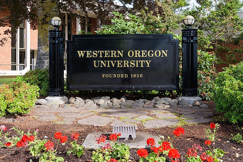  Western Oregon University sign at the Monmouth campus. Editorial credit: Ian Dewar Photography / Shutterstock.com