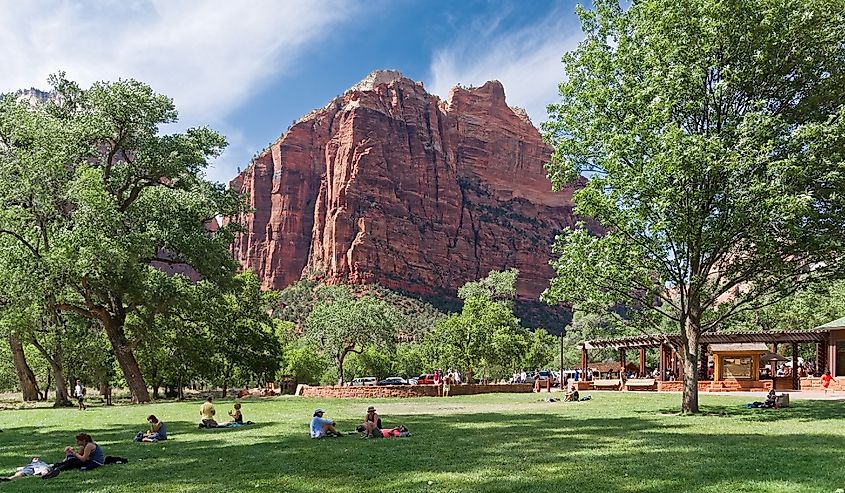 Zion Lodge at Zion National Park near Springdale, Utah. Tourists stop and rest at Zion Lodge.