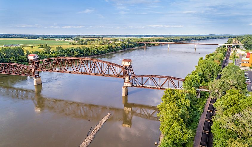 Historic railroad Katy Bridge over Missouri River at Boonville with a lifted midsection and visitor observation deck