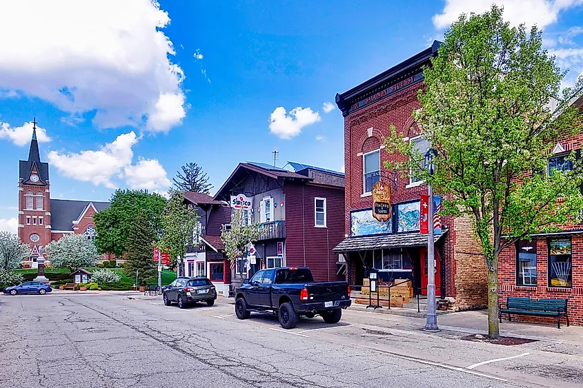 Street view in New Glarus, Wisconsin with blue skies.