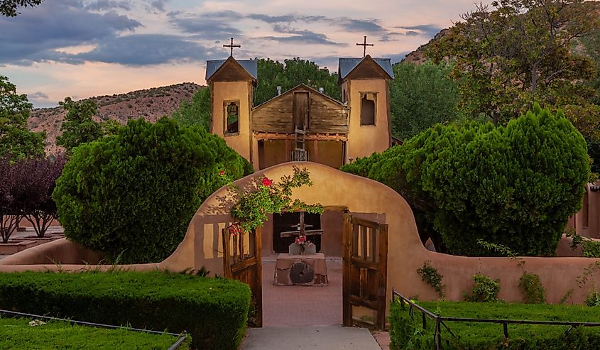 Historic El Santuario de Chimayo in Chimayo, New Mexico at sunset