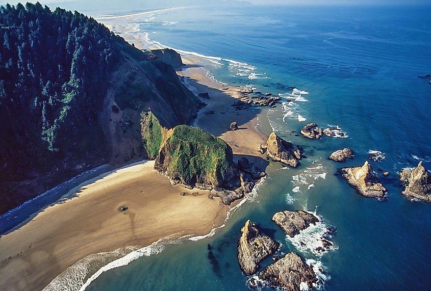 Tillamook, Oregon: Aerial view of the coastline.