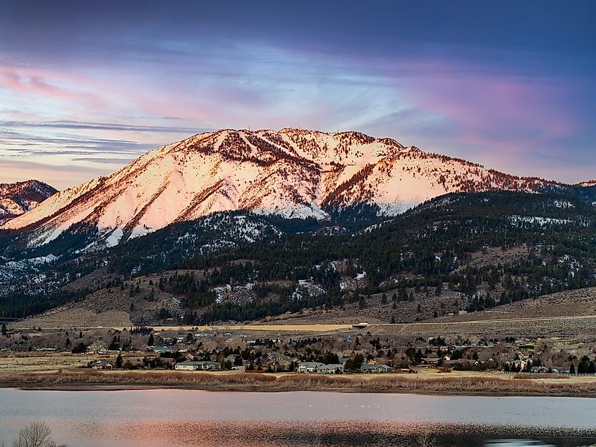 Washoe Lake, Mt. Rose and Slide Mountain covered with snow in Washoe Valley Nevada near Reno.