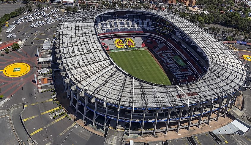 Aerial view of Azteca stadium almost above the field. Editorial credit: Ulrike Stein / Shutterstock.com