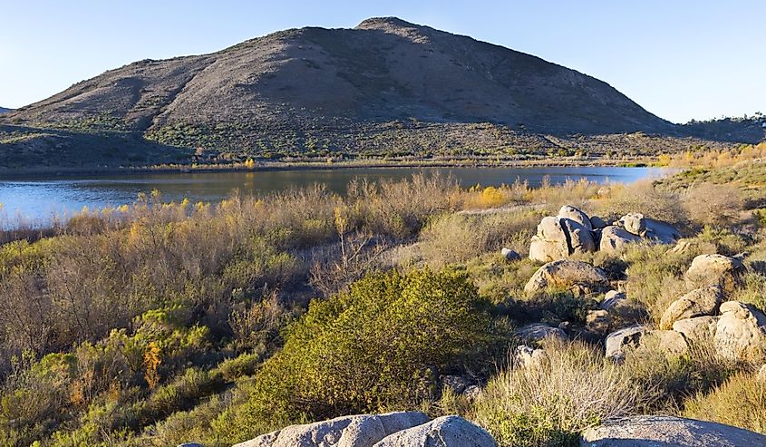Scenic Landscape at Lake Hodges with Bernardo Mountain on a Hiking Trail in San Dieguito River Park on a Sunny Winter Day, San Diego County North Inland California.