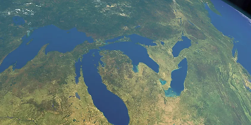 Great lakes in America in planet Earth, aerial view from outer space, 3d rendering
