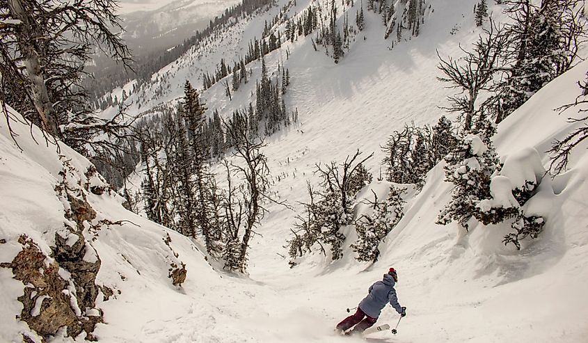 Skiing down the mountain in Bozeman, Montana