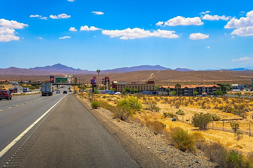 Sunny day on the Mojave Freeway (I-15) through Barstow, California.