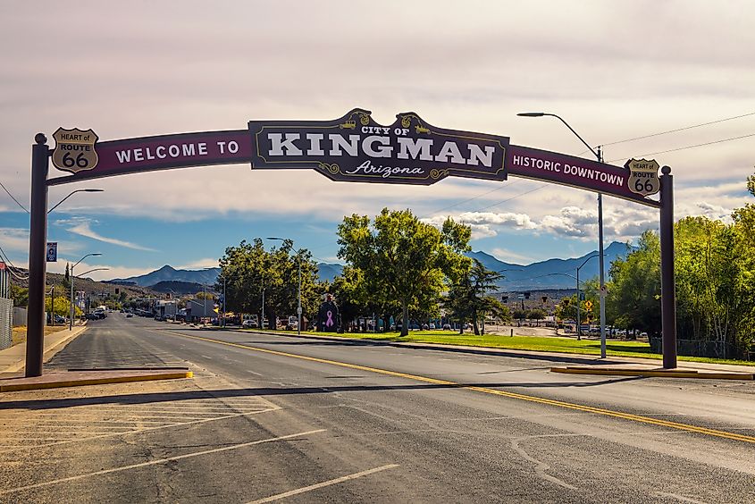 Welcome to downtown Kingman, a wide-arched street sign located on historic Route 66