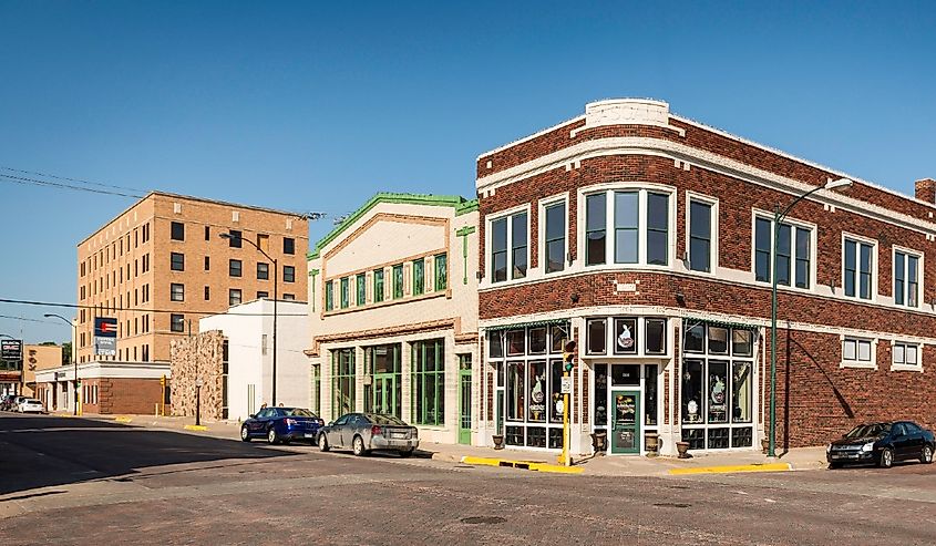 Downtown intersection on Main Street in Hays, Kansas.