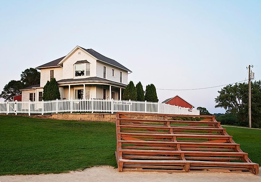 Dyersville, Iowa, USA - View of the Field of Dreams movie site, including the farmhouse and bleachers overlooking the iconic baseball field.