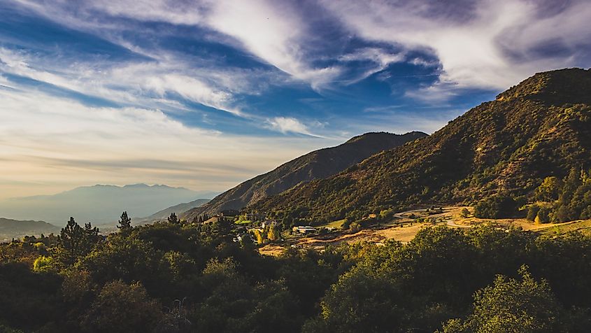 Beautiful overlook of mountain and valley at sunset in Oak Glen, California