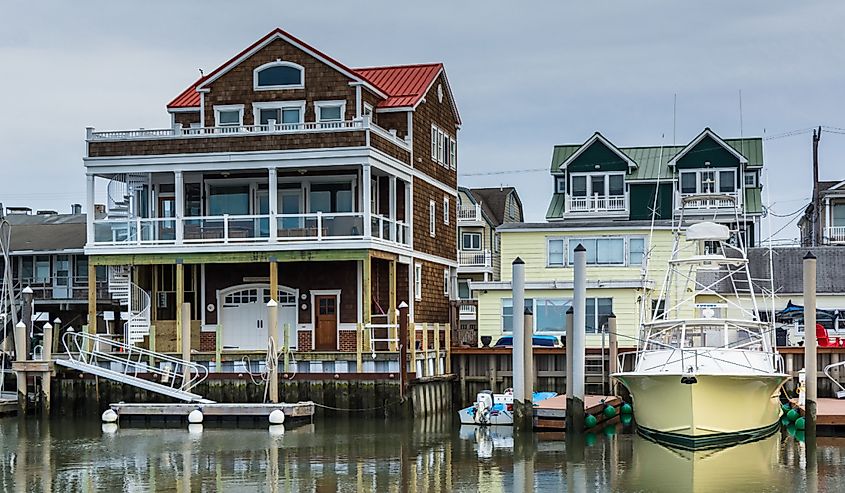 Buildings and boats along Cape May Harbor, in Cape May, New Jersey.