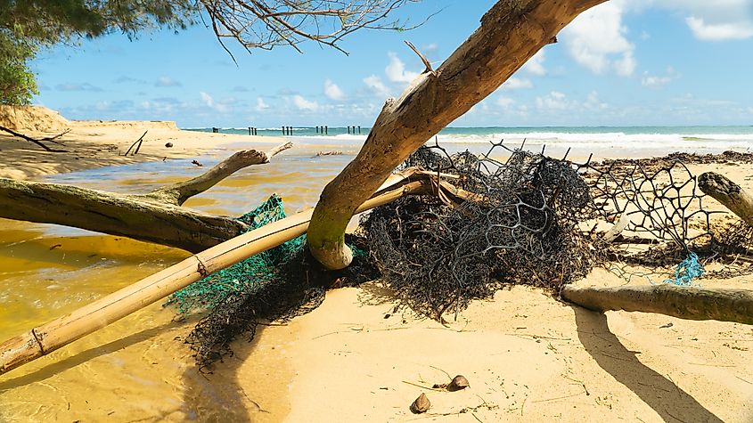 Ocean plastic pollution on beach in Hawaii
