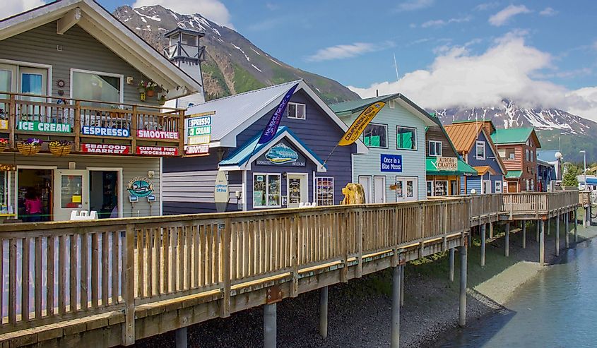 Boardwalk shops Seward Harbor in Resurrection Bay in Seward, Alaska