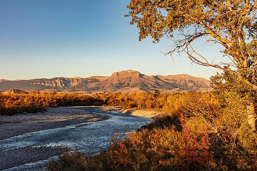 The Teton River with Ear Mountain in autumn at sunrise near Choteau, Montana, USA