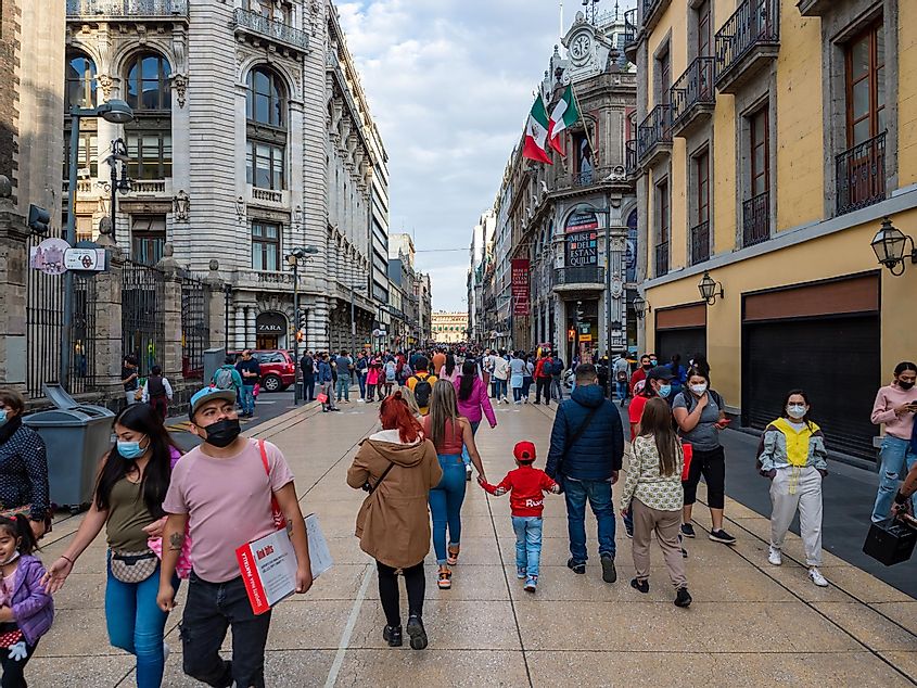 People Walking Along a Pedestrian Mall on Av Francisco Madero in Mexico City Centro District