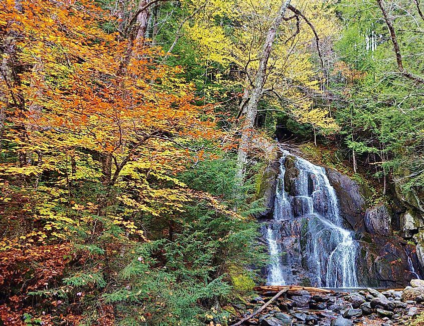 Colorful autumn scene in Vermont with Moss Glen Falls and several trees with fall colors in Granville, Vermont. 