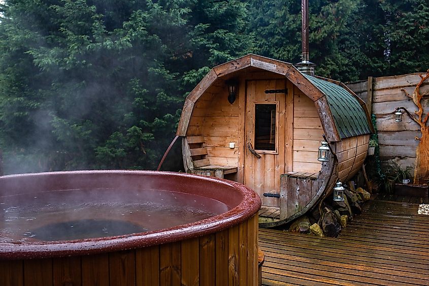 Wooden outdoor hot tub