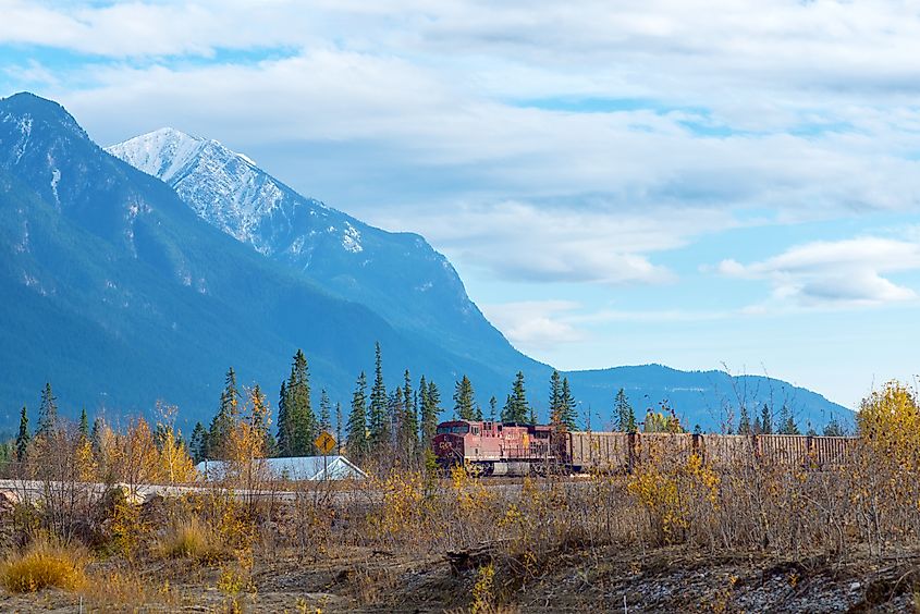 Train passing by the town of Golden, with the Canadian Rockies in the background.