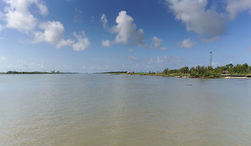 The Calcasieu River at Cameron, Louisiana, seen from the car ferry, Acadia.