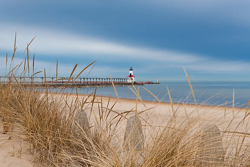 Michigan City lighthouse from Washington Park Beach on a stormy Spring morning. Michigan City, Indiana.