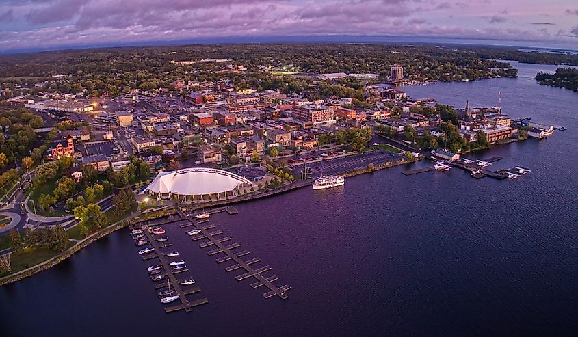 Aerial view of Kenora, Ontario at sunset in summer.