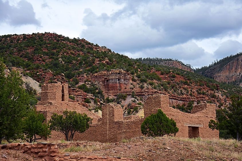 The archaeological remains of a Native American pueblo of guisewa and a Spanish colonial mission at the Jemez Historic Site in Jemez Springs, New Mexico