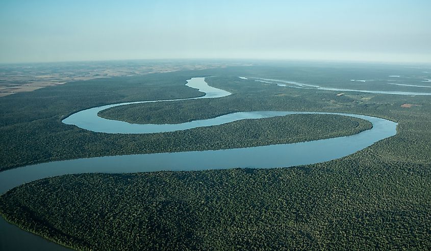 Beautiful view to Iguazu River on green rainforest area, Paraná, Brazil