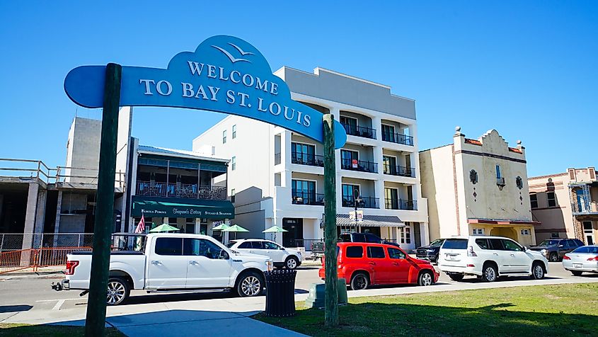 Sign welcoming visitors to Bay St. Louis, Mississippi.