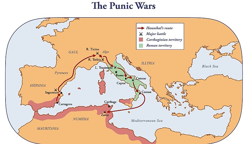 Map of the territories controlled by Rome and Carthage during the Punic wars