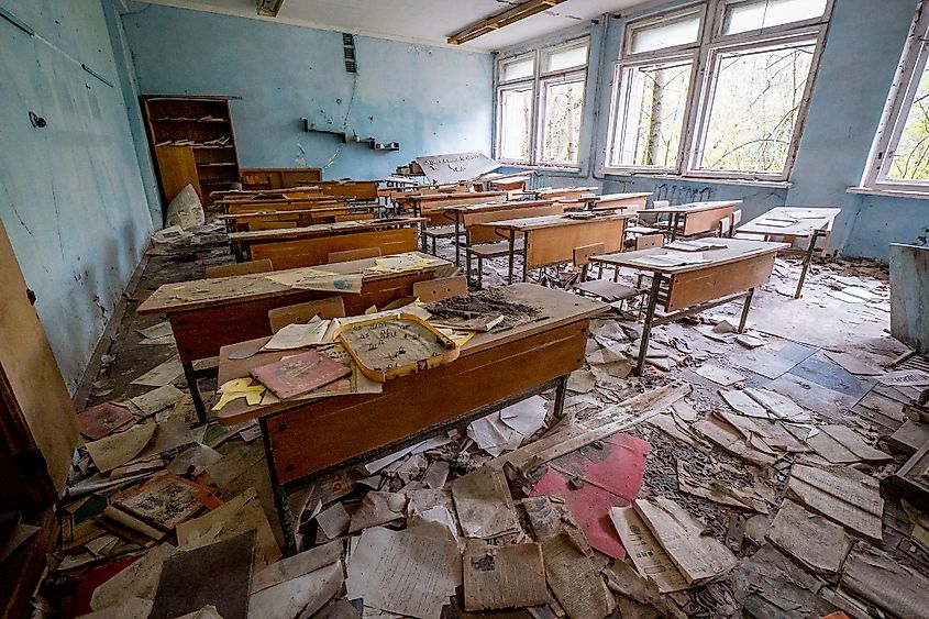 Aerial. Chernobyl Disaster Exclusion Zone The Abandoned City of Pripyat near Chernobyl, Ukraine.