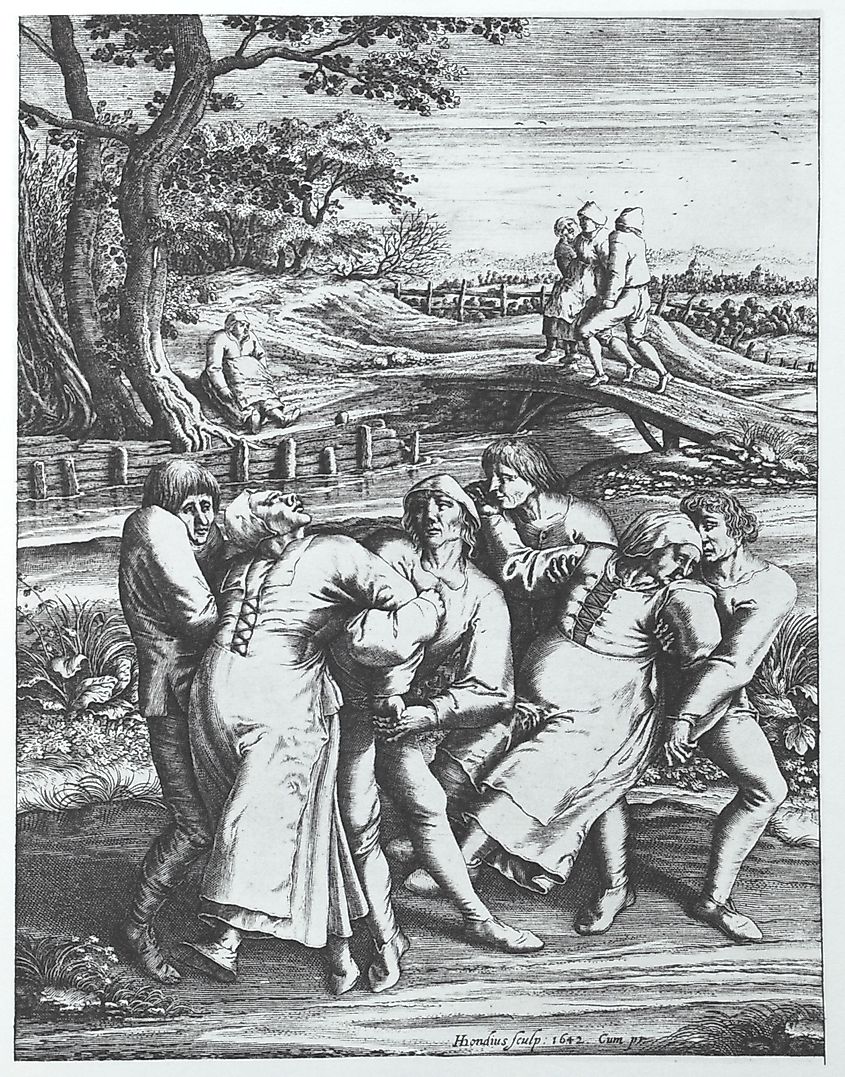 Engraving by Hendrik Hondius portraying three people affected by the plague. Work based on original drawing by Pieter Brueghel.