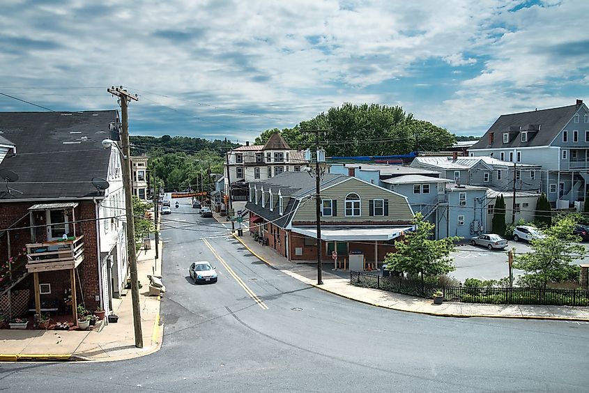 The old part of Brunswick, Maryland, brick and wooden buildings along the paved roads.