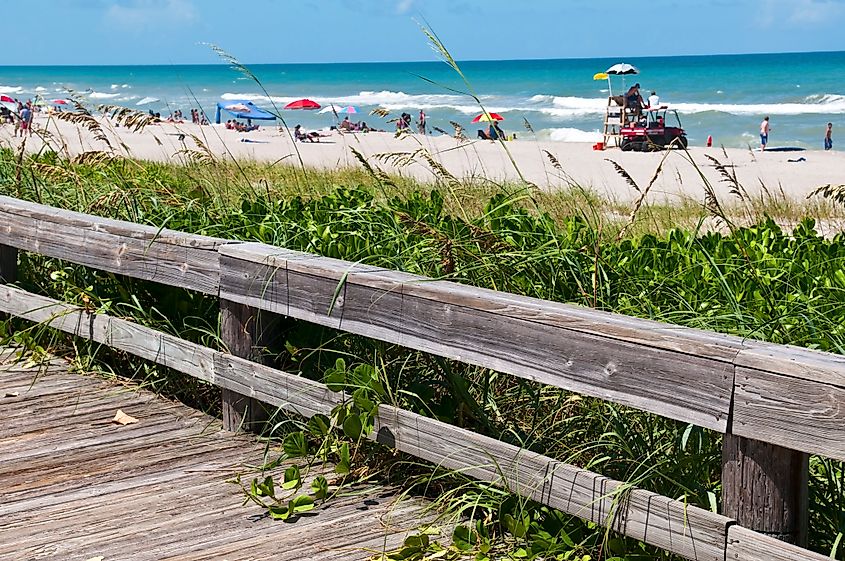 Beach boardwalk and lifeguard stand in Indialantic Florida