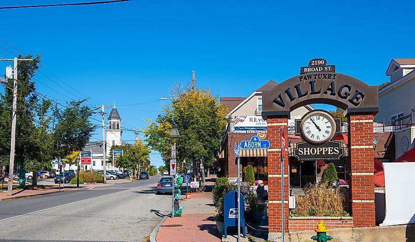 Pawtuxet Village Shoppes in a historic commercial building at 2190 Board Street at Aborn Street in Pawtuxet village in town of Cranston, Rhode Island RI, US