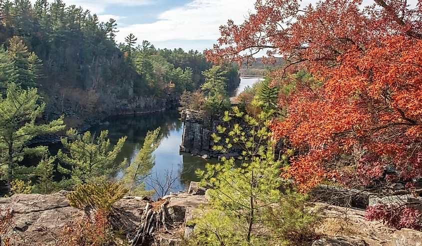 Beautiful autumn view of the St. Croix River and Angle Rock at Interstate State Park in St. Croix Falls, Wisconsin USA