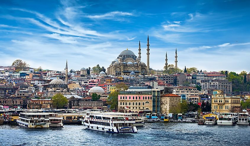 Aerial view of boats in the harbor in Istanbul the capital of Turkey.