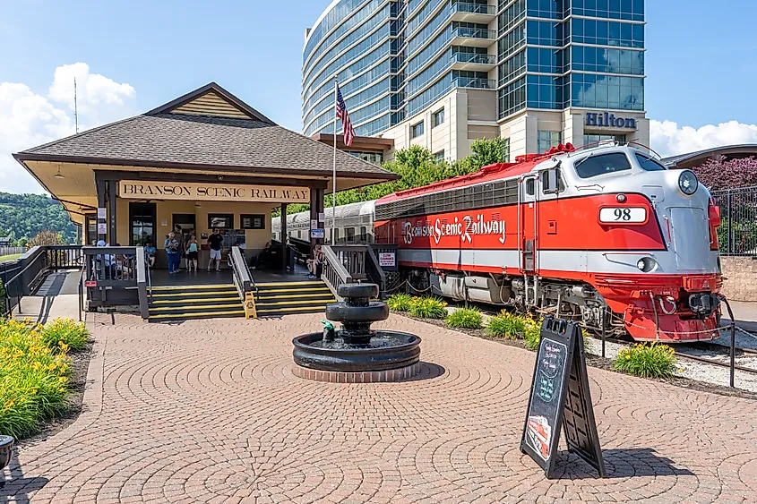 he vintage Branson Scenic Railway passenger train offers an excursion through the foothills of the Ozark Mountains.