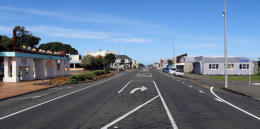 Main road in Patea, South Taranaki District, Taranaki Region, North Island, New Zealand.