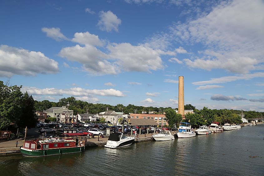 Boats docked along the Erie Canal in Fairport, New York