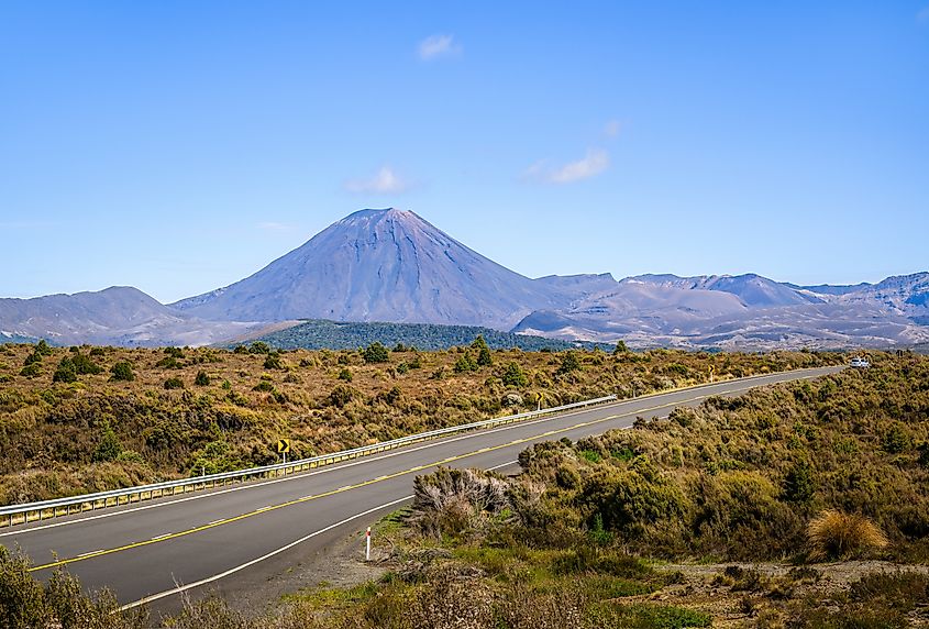Desert Road with Mount Ngauruhoe in the distance. Tongariro National Park. New Zealand.
