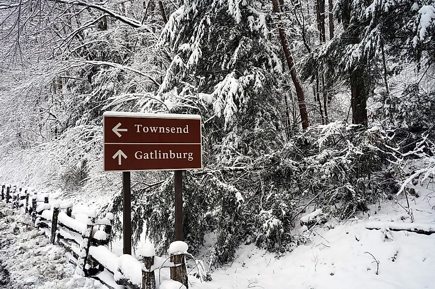 Snow-covered Christmas Day in Townsend, Tennessee, USA, featuring a "This way to Townsend and Gatlinburg" sign.