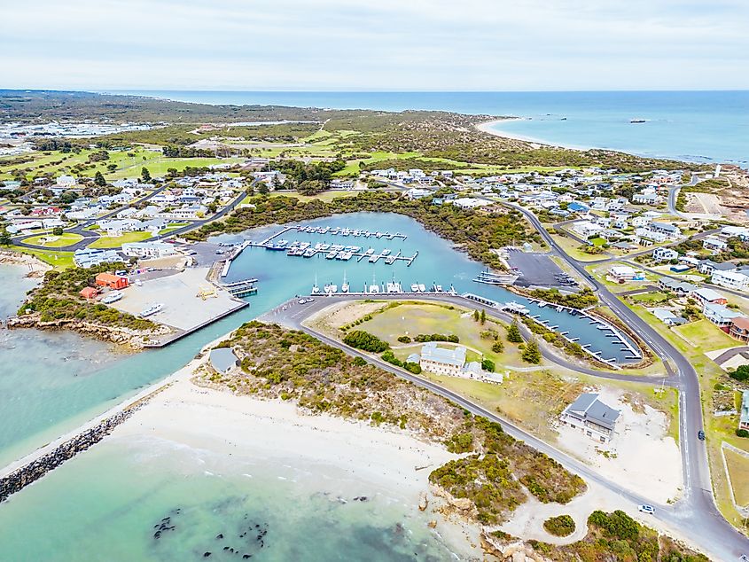 An aerial view over the rural township of Robe on the Limestone Coast on a sunny day in South Australia, Australia.
