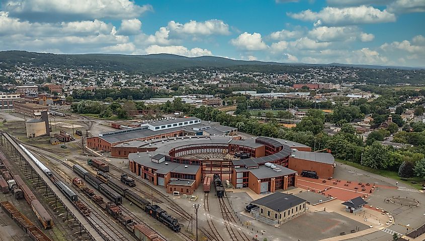 Aerial view of the Scranton electric city trolley railway turntable or wheelhouse with cloudy