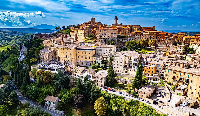 Aerial view of Montepulciano, a medieval-era hill town in Italy.