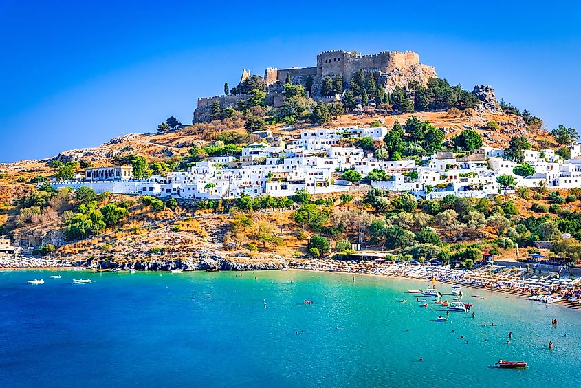 The historic city of Rhodes on the Aegean Sea coastline in Greece.
