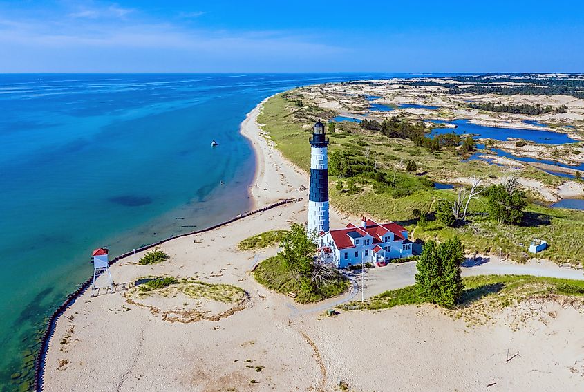 Aerial view of Big Sable Point Lighthouse, Ludington State Park by Lake Michigan.
